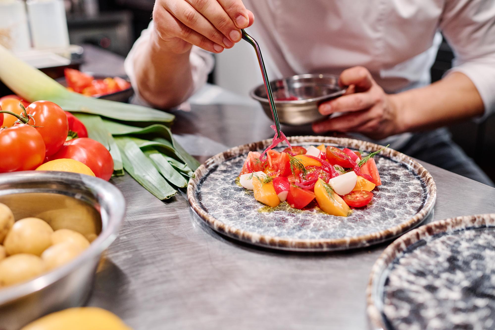 Artisan kitchen counter with plated gourmet dishes